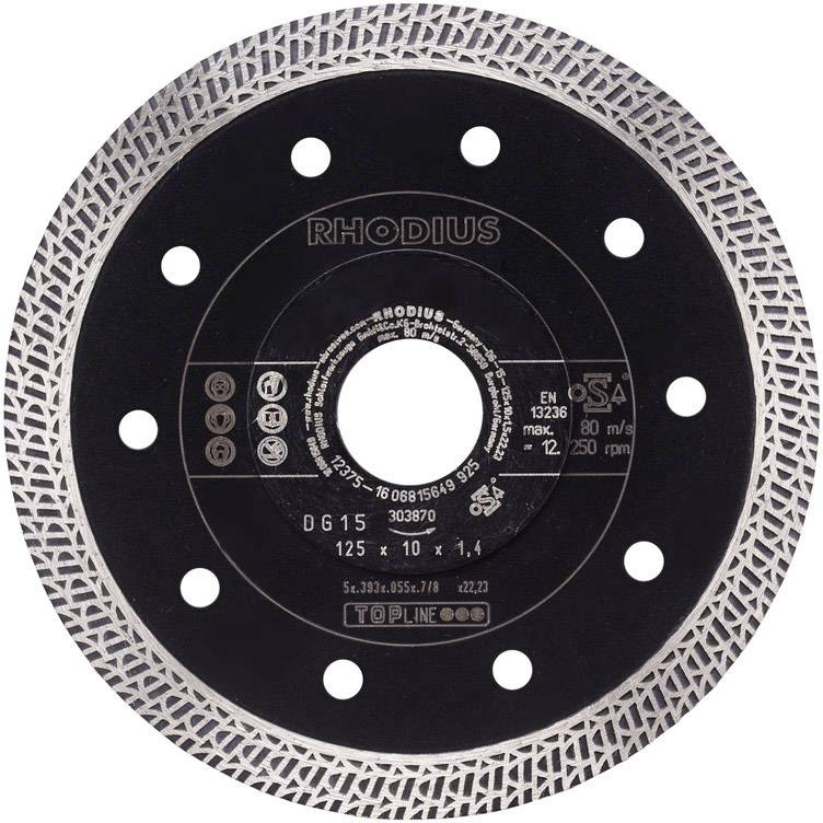 Schwarze Trennscheibe mit silbernem Rand, Markenname 'RHODIUS', Durchmesser 125 mm, für Metall- und Steinbearbeitung.