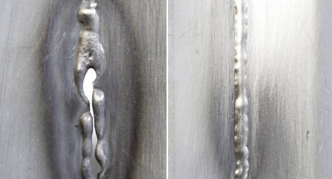 Nahaufnahme von zwei Schweißnähten auf Metall. Links: dicke rauhe Naht mit Lücken. Rechts: gleichmäßige, glatte Naht ohne Lücken.