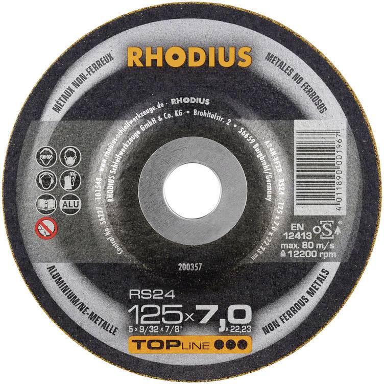 Schleifscheibe von Rhodius mit Spezifikationen '125x7,0 mm', 'max. 80 m/s, 12200 rpm'. Geeignet für Aluminium und Metalle.