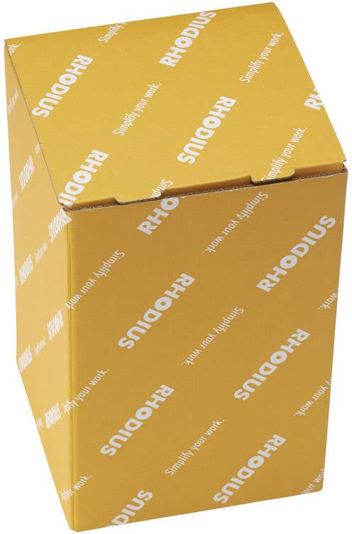Eine orangefarbene Verpackung mit dem weißen Logo 'RHODIUS' und dem Slogan 'Simplify your work'.