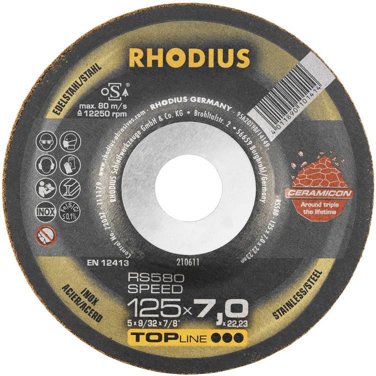'Schleifscheibe für Edelstahl, Durchmesser 125 mm, Stärke 7 mm. Marke: Rhodius. Keramische Korntechnologie für hohe Leistung.'