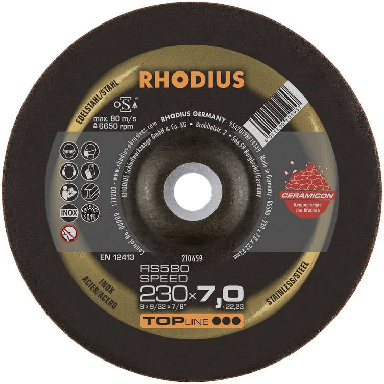 Schleifscheibe mit Aufschrift 'RHODIUS', geeignet für Stahl und Edelstahl, maximale Drehzahl 6650 U/min, Durchmesser 230 mm.