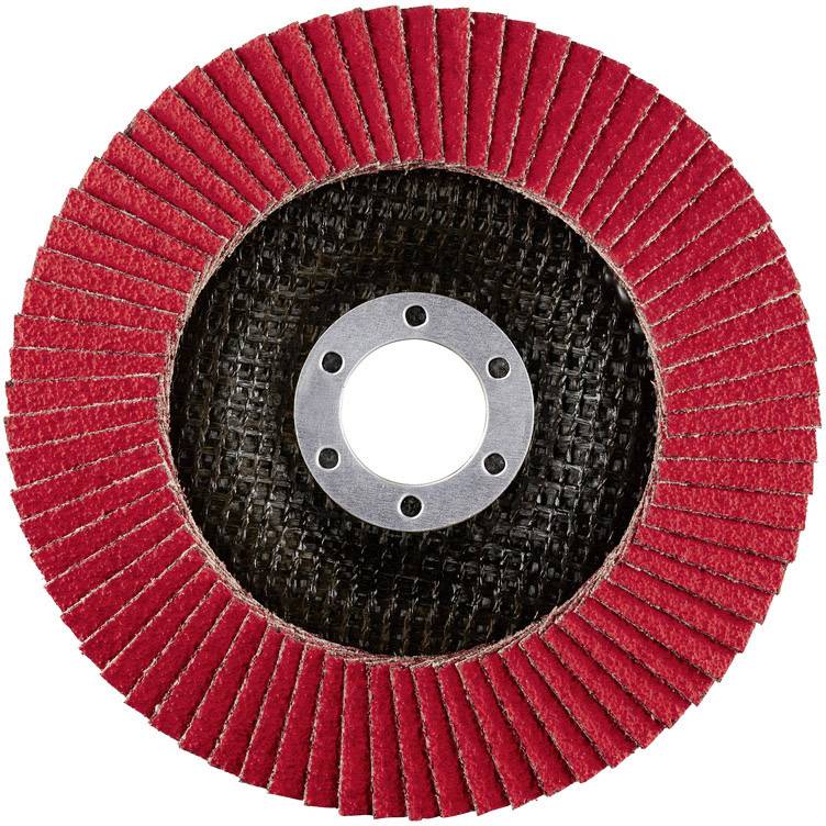 Ein roter Schleifmopaufsatz mit Lamellenanordnung, in der Mitte eine Metallscheibe mit sechs Löchern, vor weißem Hintergrund.
