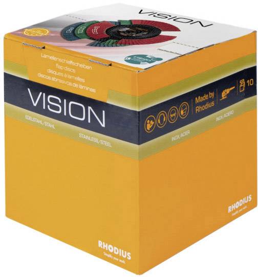 'Vision' Schleifscheibenbox mit Etikett 'Edelstahl/Stahl' und Piktogrammen. Enthält 10 Schleifscheiben. Marke: Rhodius.