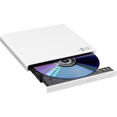 Externes DVD-Laufwerk in Weiß mit eingelegter Disc, teilweise herausgezogen. Aufschrift 'Super multi' und kleines grünes Licht sichtbar.