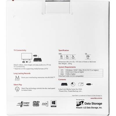 Rückseite einer Verpackung für ein externes DVD-Laufwerk mit Spezifikationen: DVD- und CD-Geschwindigkeiten, Systemanforderungen und Anschlussoptionen.