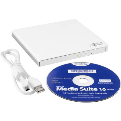 Externer DVD-Brenner mit USB-Kabel und der Software-CD 'CyberLink Media Suite 10', zur Medienverwaltung und -erstellung.