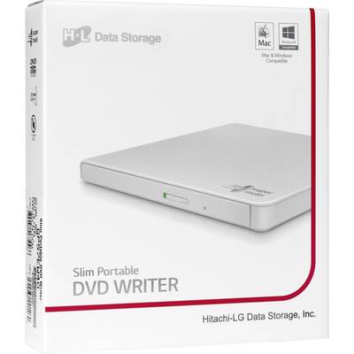 Eine Verpackung eines Slim Portable DVD Writers von Hitachi-LG Data Storage, kompatibel mit Mac und Windows.