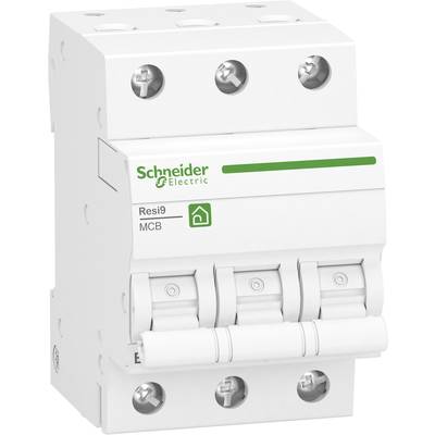 Ein weißer, dreipoliger Leistungsschalter von Schneider Electric mit grüner Aufschrift und Logo, für elektrische Schutzschaltungen.