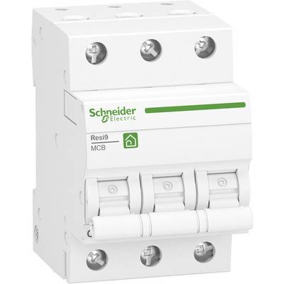 Leistungsschutzschalter von Schneider Electric, Modell Resi9 MCB, mit drei Schaltern für den Schutz elektrischer Stromkreise.