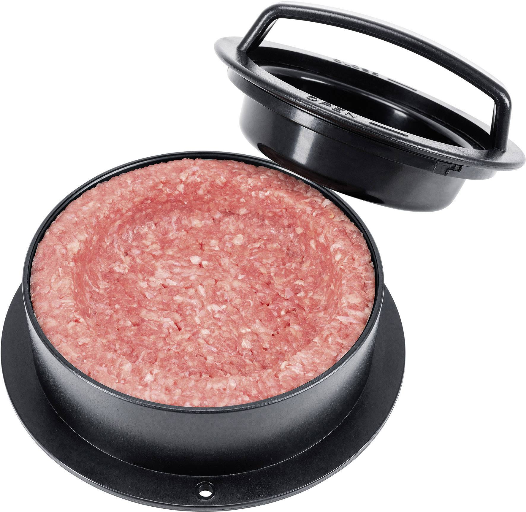 Ein runder Fleischformer mit Deckel zeigt Hackfleisch, das zu einem Patty geformt ist. Ideal zum gleichmäßigen Formen von Burgern.