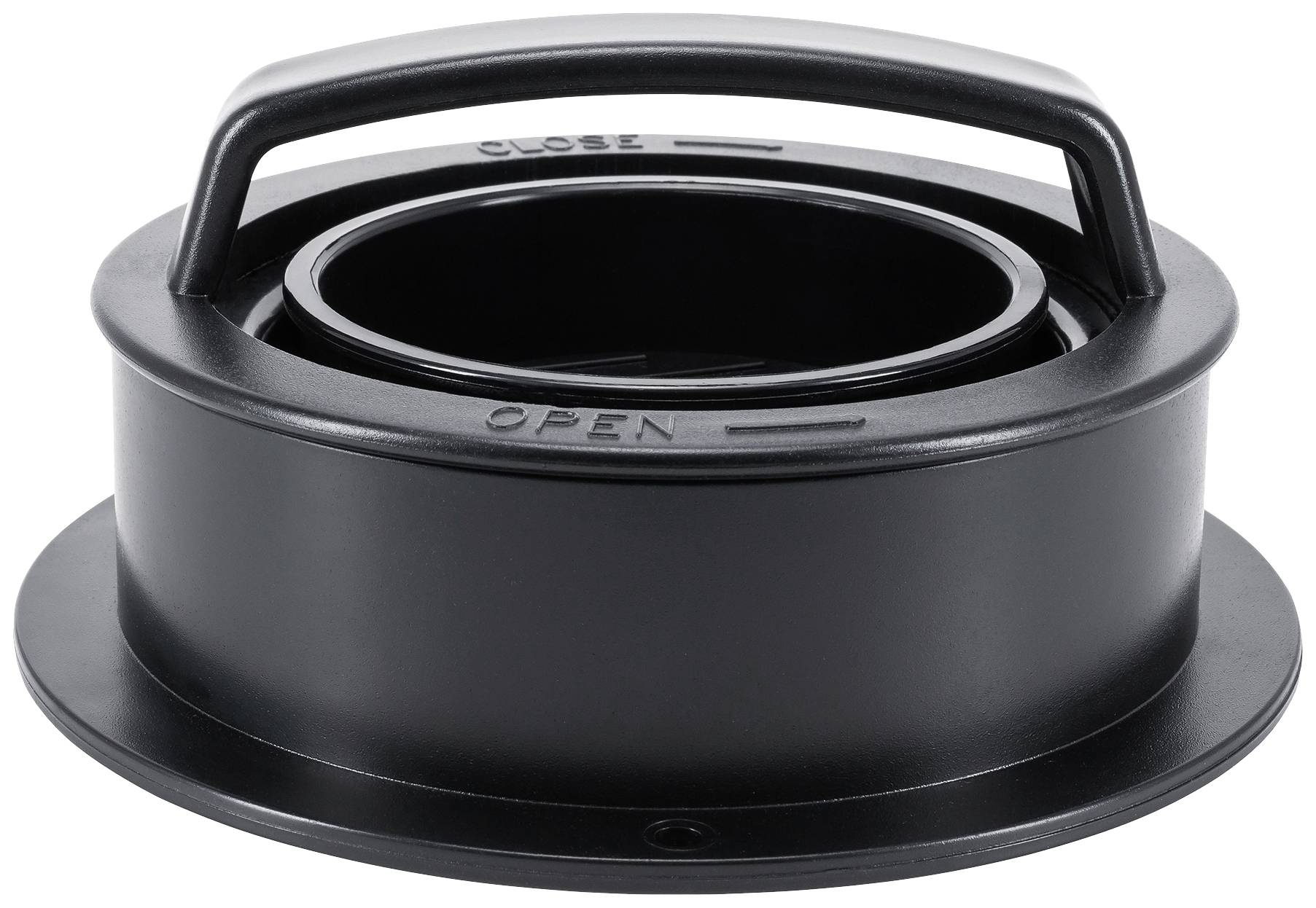 Schwarzer runder Deckel mit Griff und Beschriftung 'OPEN' und 'CLOSE'.
