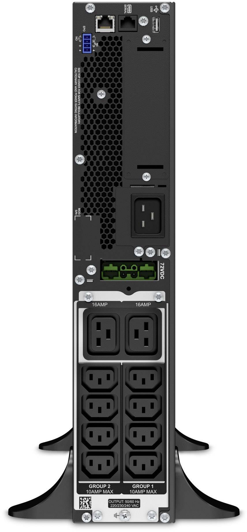 Rückansicht einer unterbrechungsfreien Stromversorgung (USV) mit mehreren Steckdosenanschlüssen und einem Ethernet-Port oben.