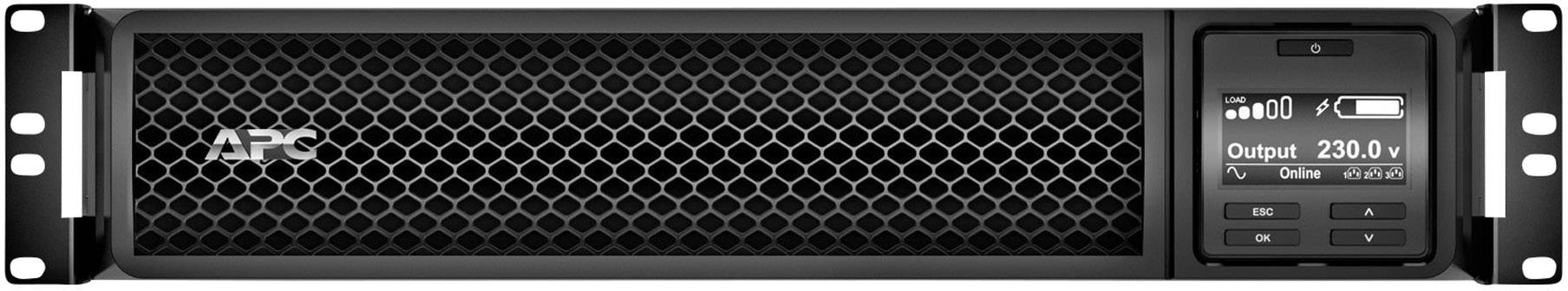 Ein schwarzes Servergerät (APC) mit digitaler Anzeige zeigt 'Output: 230.0V'. Kontrollknöpfe befinden sich rechts der Anzeige.