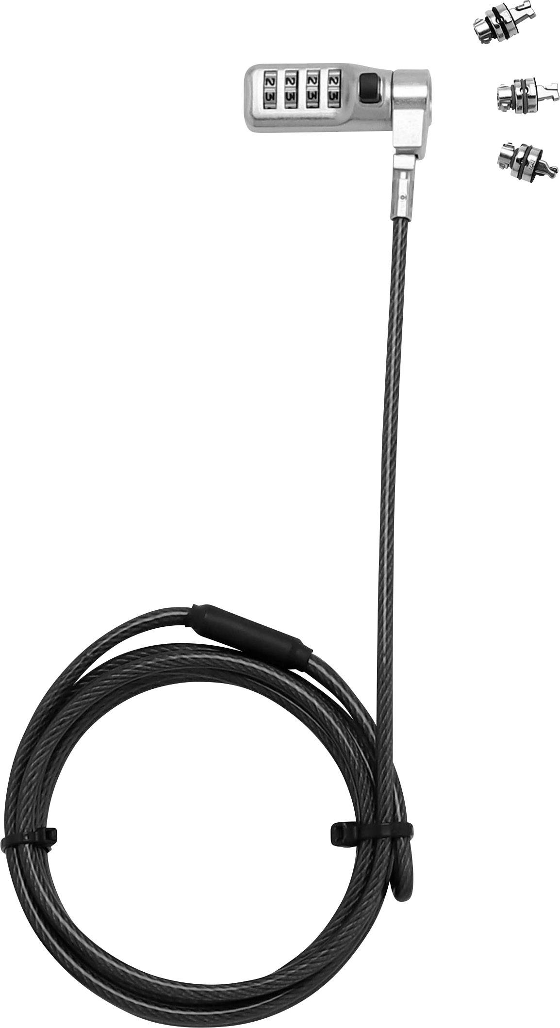 Kombinationsschloss mit vier Ziffern auf einem langen, flexiblen Kabelelement. Ideal zur Sicherung von Laptops oder Fahrrädern.