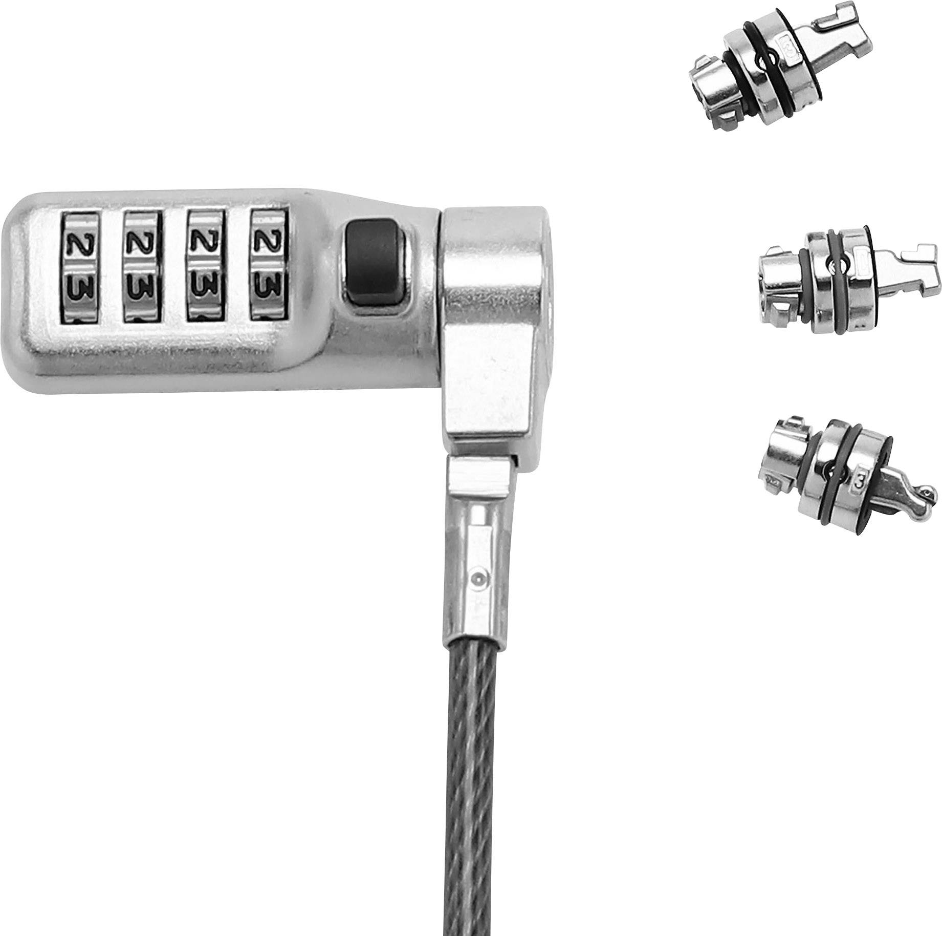 Kabelschloss mit Zahlenschloss und drei austauschbaren Adaptern. Die Adapter ermöglichen die Verwendung an verschiedenen Geräten.