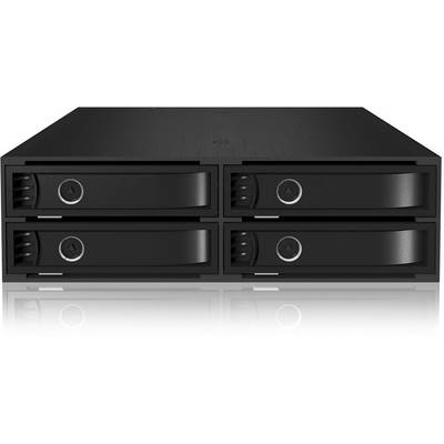 Ein schwarz glänzender Vierfach-Festplatteneinschub für Server oder Speicher-Array, mit vier Einschüben in zwei Reihen angeordnet.