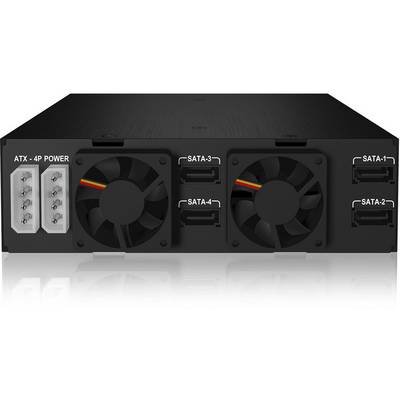 Schwarzes technisches Gerät mit zwei Lüftern, mehreren SATA-Anschlüssen und ATX-4P-Stromversorgung auf der Vorderseite.