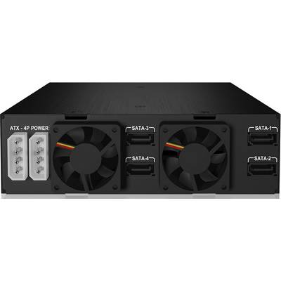 Schwarzes PC-Gehäuse mit zwei Lüftern und Anschlüssen für SATA und ATX 4P Power, beschriftet von SATA-1 bis SATA-4.