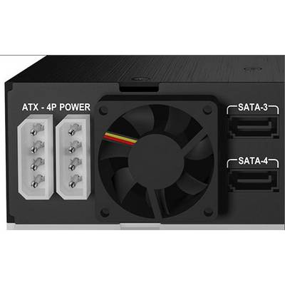 Rückansicht eines elektronischen Geräts mit ATX-4P-Stromanschluss, Lüfter und zwei SATA-Anschlüssen für Datenspeicherverbindung.