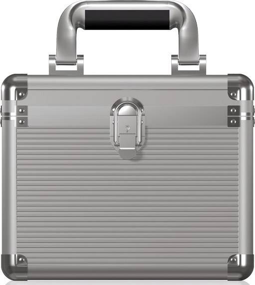 Ein geschlossener, silberner Metallkoffer mit einem schwarzen Griff und einem Schnappverschluss vorne.
