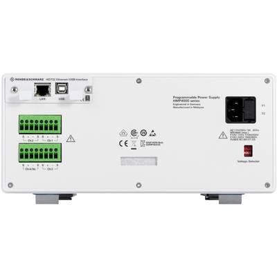 'Rohde & Schwarz HMP4000' Netzteil-Rückseite mit verschiedenen Anschlussmöglichkeiten, darunter LAN, USB und grüne Terminalblöcke.
