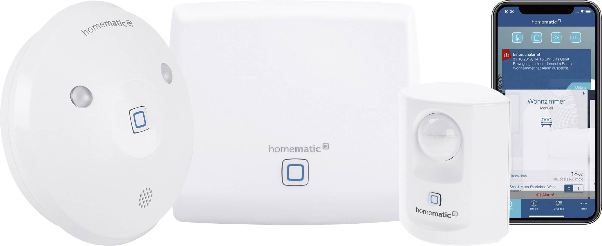 'Smart Home' Geräte-Set, bestehend aus einem Rauchmelder, einem Bewegungsmelder, einem Wandgerät und einer Smartphone-App.