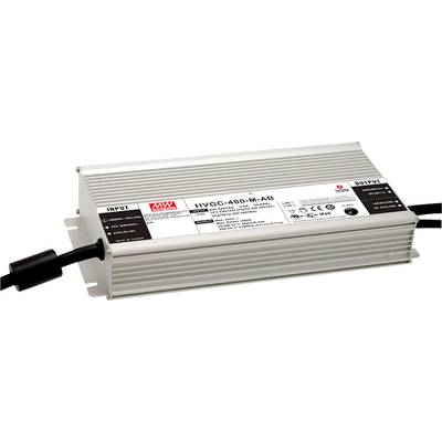 Silbernes Metallgehäuse eines Mean Well LED-Treibers, Modell 'HVGC-480-M-AB', mit Eingangs- und Ausgangskabeln, technische Spezifikationen auf dem Etikett abgedruckt.