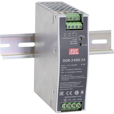 Metallschaltgerät mit Mean Well-Logo und Modellnummer 'DDR-240D-24'. Zeigt Ein- und Ausgangsanschlüsse für Spannungsregelung.