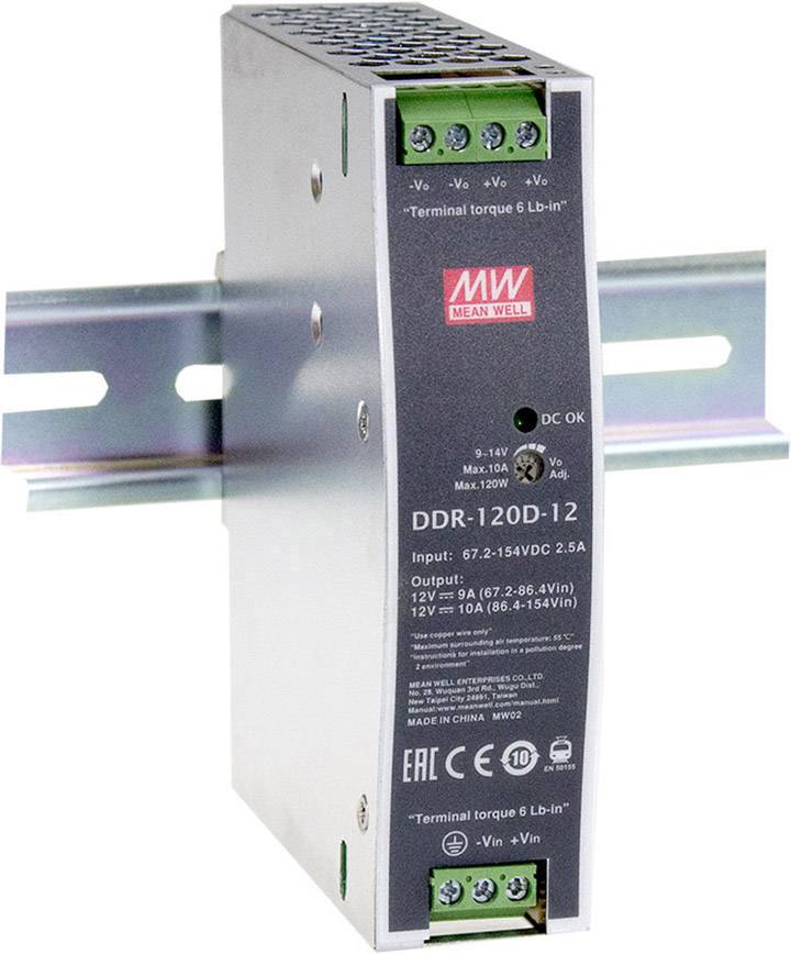 Netzteil von Mean Well, Modell DDR-120D-12 für die Hutschienenmontage. Eingang: 67-154VDC, Ausgang: 12V, 10A.