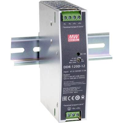 Netzteil von Mean Well, Modell DDR-120D-12 für die Hutschienenmontage. Eingang: 67-154VDC, Ausgang: 12V, 10A.