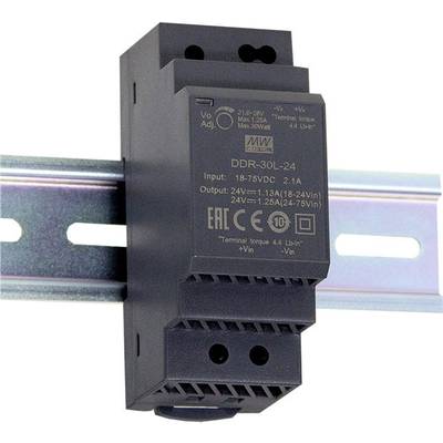 'Schwarzes elektrisches Gerät zur DIN-Schienenmontage mit technischen Details und Anschlüssen, spannungsgesteuert, Modell DDR-30L-24.'