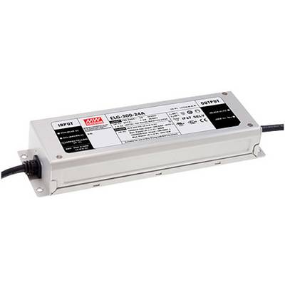 Silbernes Rechteckgehäuse mit schwarzem Kabel, gekennzeichnet mit 'INPUT' und 'OUTPUT'. Beschriftung 'MEAN WELL ELG-300-24A'.