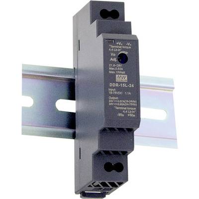 DIN-Schienenmontiertes Netzteilmodul, gekennzeichnet mit 'DDR-15L-24', Eingang 16-28VDC, Ausgang 24V, 0,65A.