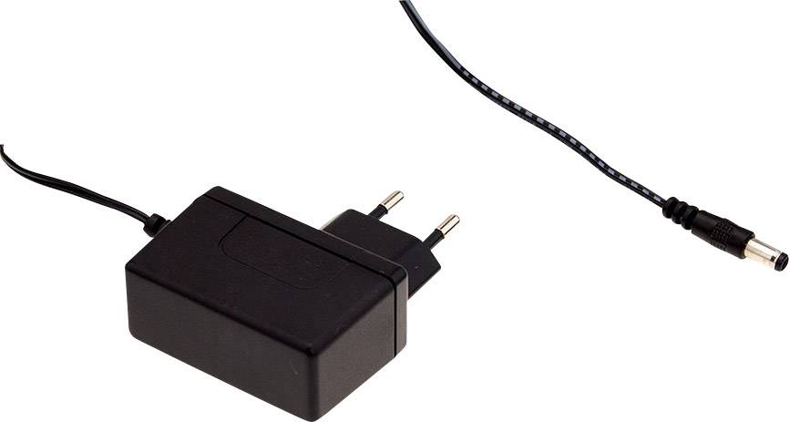 Schwarzes Netzteil mit Eurostecker und einem langen Kabel mit einem runden Gleichstromanschluss. Geeignet für Elektronikgeräte.