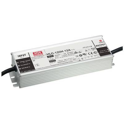 Das Bild zeigt ein HLG-120H-12A Netzteil mit technischen Spezifikationen und Etiketten für Eingang und Ausgang, montiert auf einer Halterung.