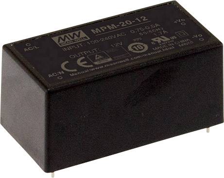 Elektronisches Gerät mit der Aufschrift 'MPM-20-12', Eingang 100-240V, Ausgang 12V. Herstellerlogo auf der Oberfläche.