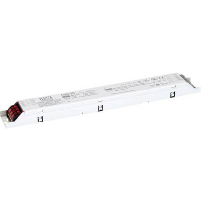 Ein rechteckiges elektrisches Gerät mit Anschlüssen und technischen Informationen auf der Oberseite, möglicherweise ein LED-Treiber.