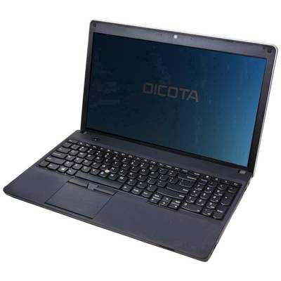 Ein schwarzer Laptop mit beleuchteter Tastatur. Auf dem Bildschirm steht 'DICOTA'. Das Gerät ist leicht angewinkelt.