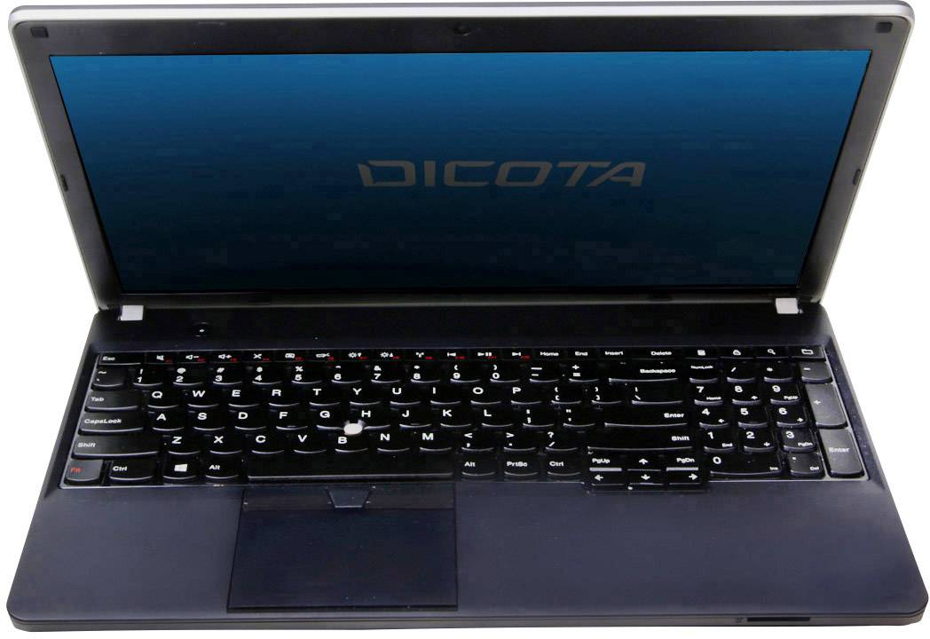 Ein offenes Laptop von vorne, Bildschirm zeigt das Logo 'DICOTA', QWERTZ-Tastatur sichtbar.