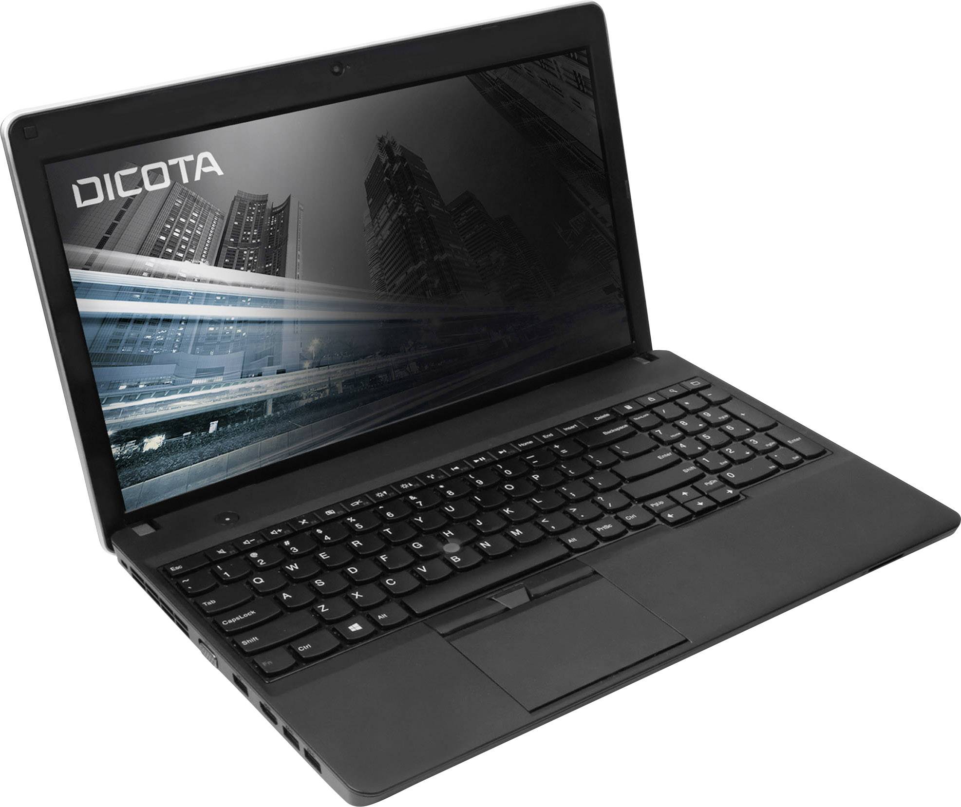 Ein schwarzer Laptop mit dem Bildschirm eingeschaltet, der Städtebilder und das Wort 'Dicota' zeigt.