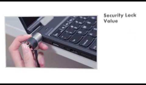 'Jemand befestigt ein Sicherheitskabelschloss an einem Laptop. Der Text rechts lautet: Security Lock Value.'