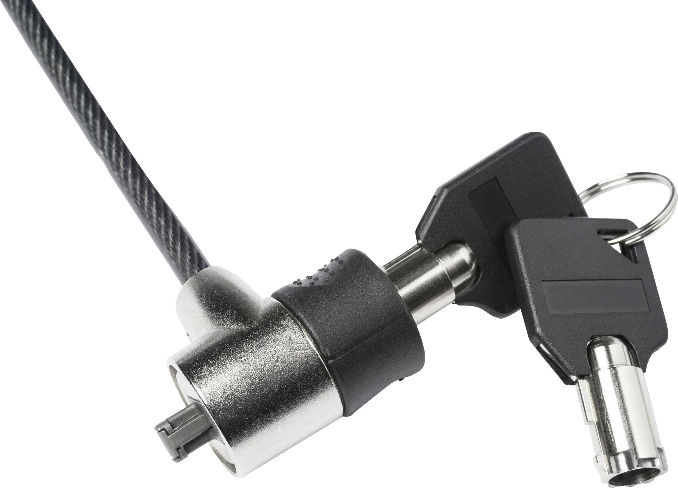 Ein schwarzes Sicherheitskabel mit zwei Schlüsseln an einem runden, silbernen Schloss.