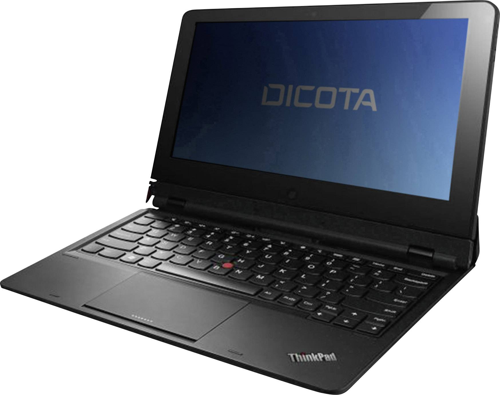 Schwarzer Laptop mit geöffnetem Bildschirm, zeigt das Logo 'DICOTA' auf blauem Hintergrund. Tastatur mit roten Akzenten.