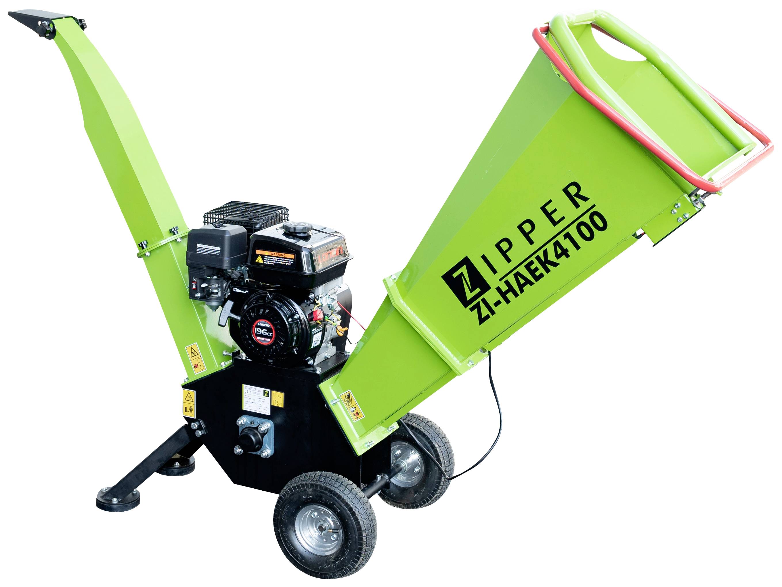 Grüne Gartenhäcksler-Maschine mit Rädern, Marke 'Zipper ZI-HAEK4100'. Geeignet zum Zerkleinern von Ästen und Gartenabfällen.