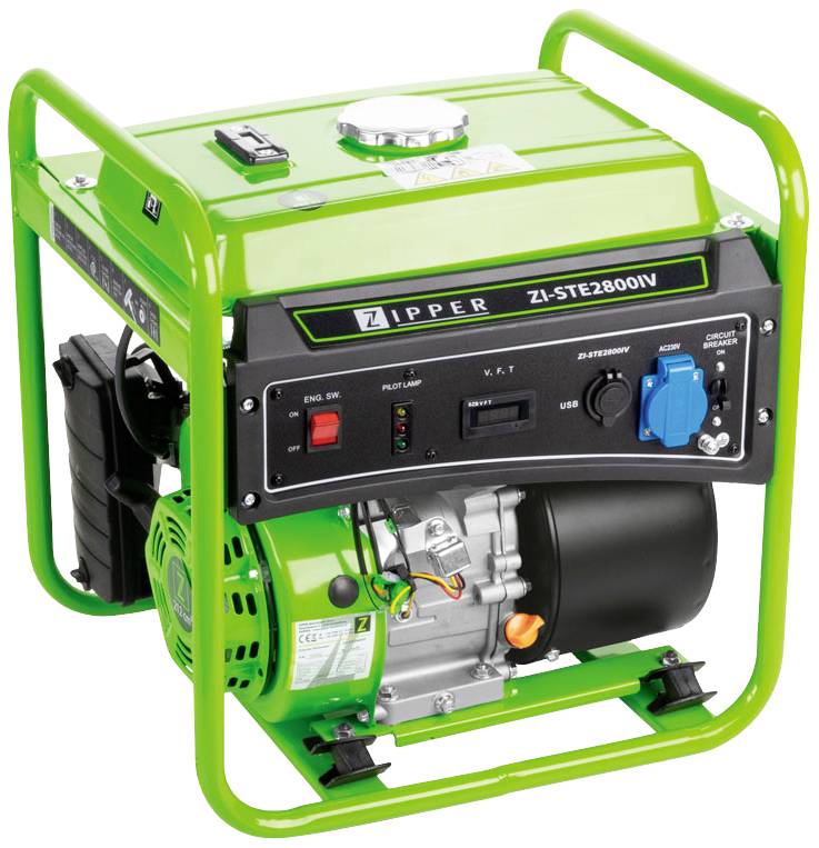 Tragbarer grüner Stromgenerator mit Bedienelementen und Anschlussmöglichkeiten auf der Vorderseite. Markenlogo und Modellnummer sichtbar.