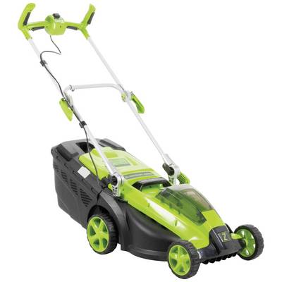 Grüner, elektrischer Rasenmäher mit schwarzem Korpus und großen Rädern, geeignet für den Einsatz im Garten.