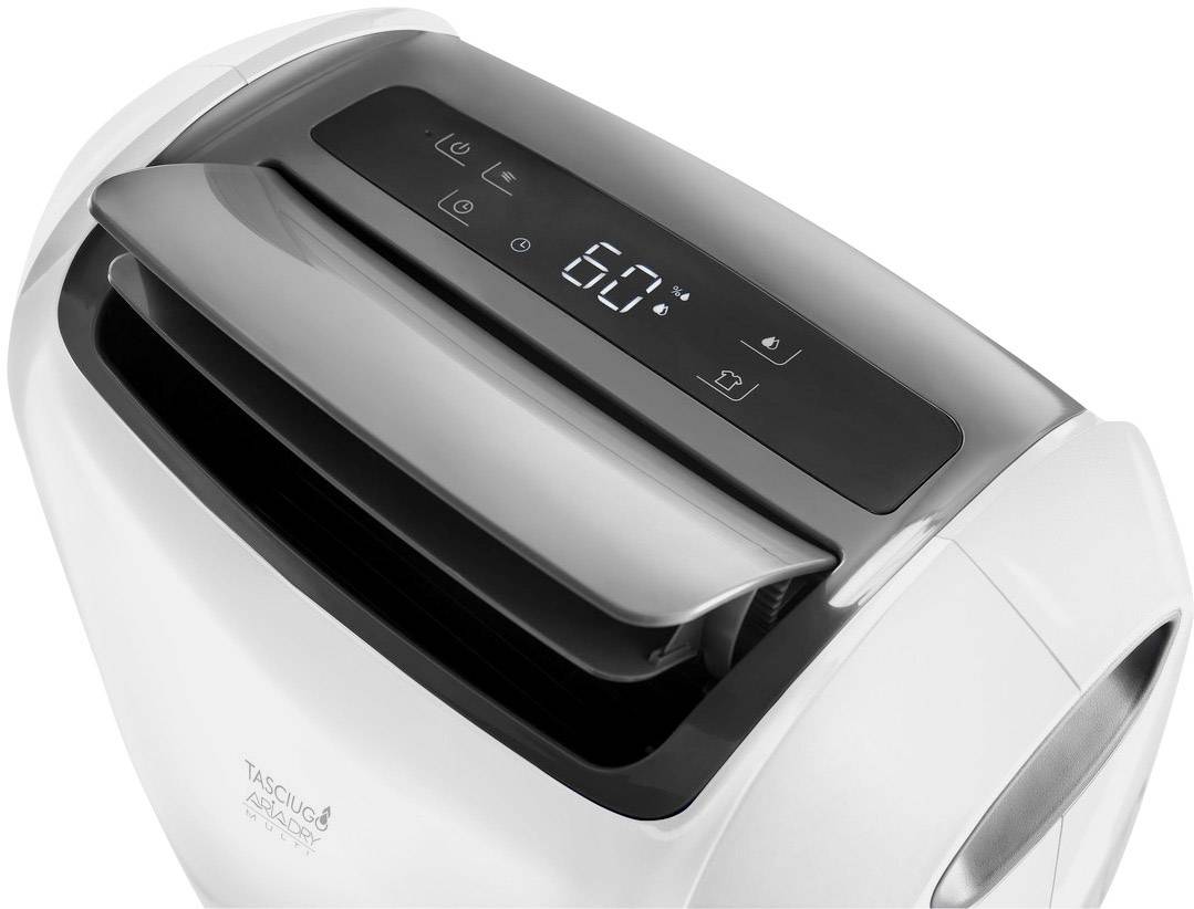 Ein Luftentfeuchter mit digitalem Display zeigt '60%' an. Das Gerät hat weiße und schwarze Elemente und ein elegantes Design.