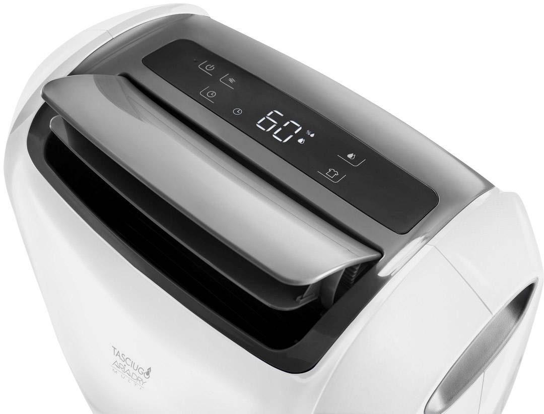 Elektrischer Luftentfeuchter zeigt auf digitalem Display '60%' an. Gerät zur Reduzierung von Luftfeuchtigkeit in Innenräumen.