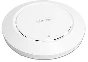 Ein runder, weißer WLAN-Zugangspunkt mit einer kleinen LED-Anzeige auf der Vorderseite. In der Mitte ist das Logo einer Firma platziert.